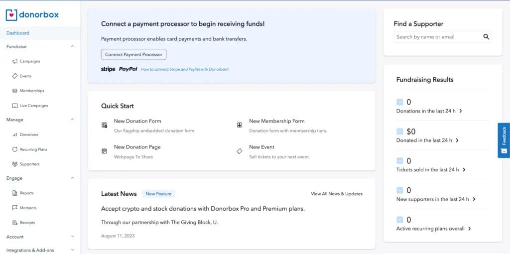 Interface of Donorbox, a CRM for non-profits