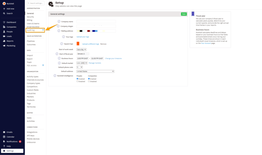 a screenshot of the setup page of Nutshell