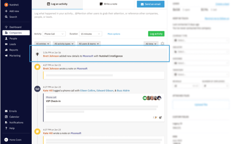 Timeline view of which member has enriched company data