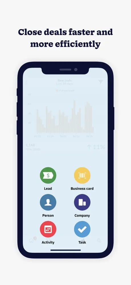 a screenshot of the Nutshell mobile app with the title Close deals faster and more efficiently app on a phone