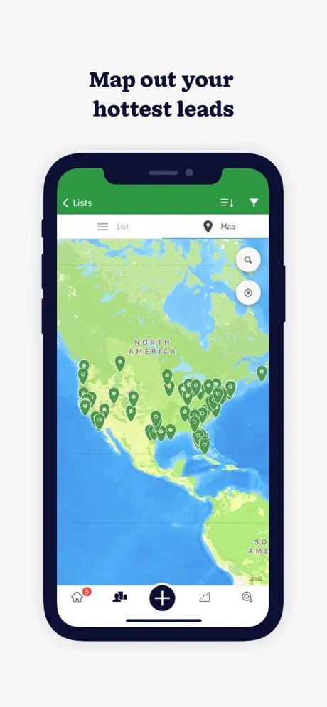 a phone screen shows a map with the title map out your hottest leads