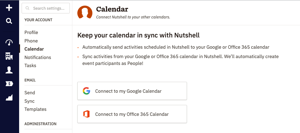 Screenshot of the Nutshell page where you can connect to Office 365 calendar