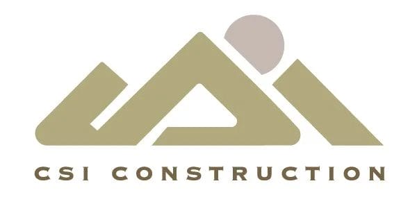 the logo for CSI Construction as a mountain with a sun in the middle .