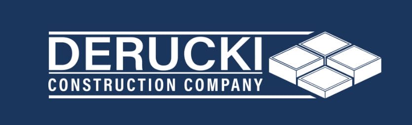 a blue and white logo for Derucki Construction Company