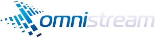 en blå og hvit omnistream-logo på hvit bakgrunn