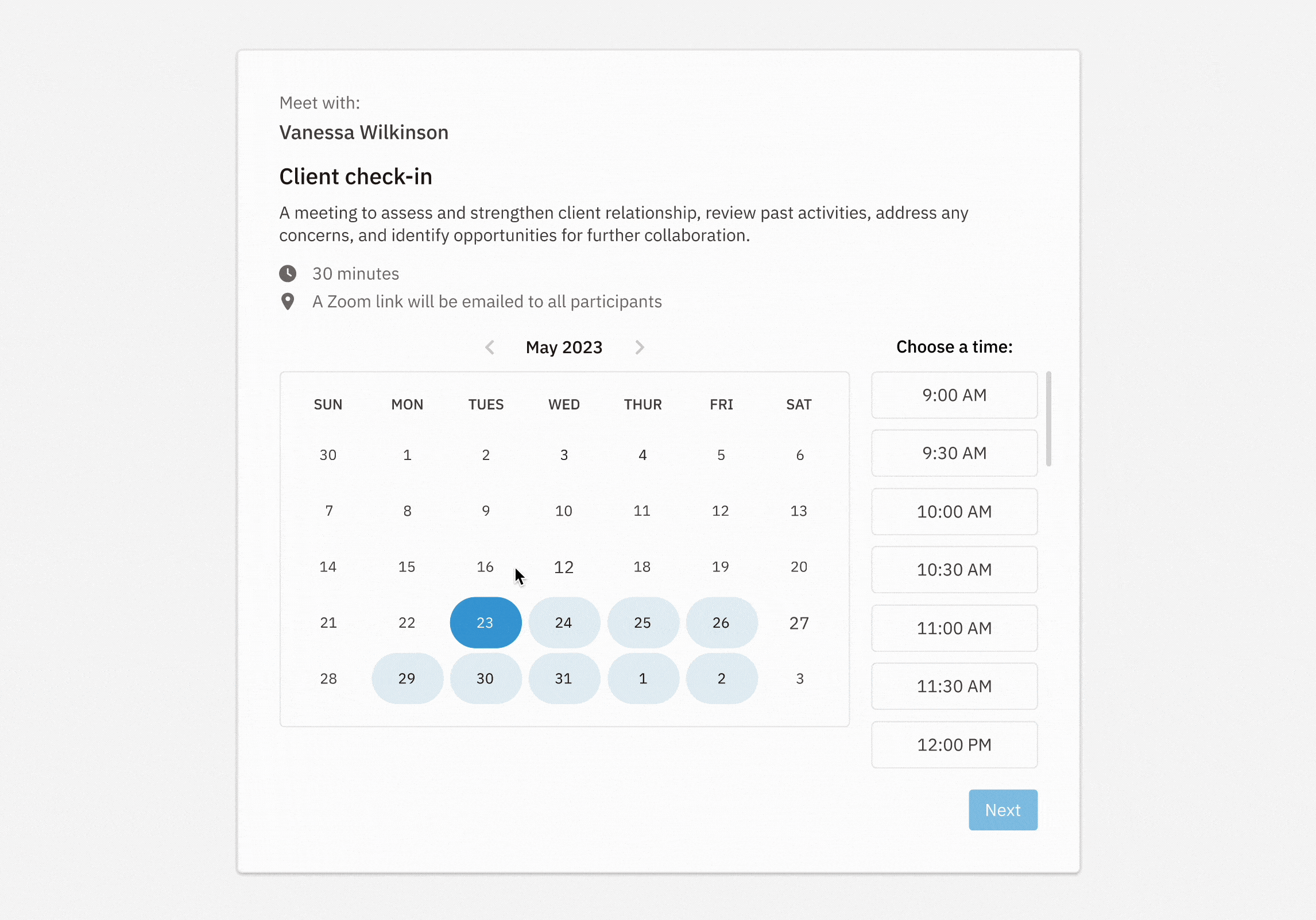 um calendário mostra uma reunião com Vanessa Wilkinson