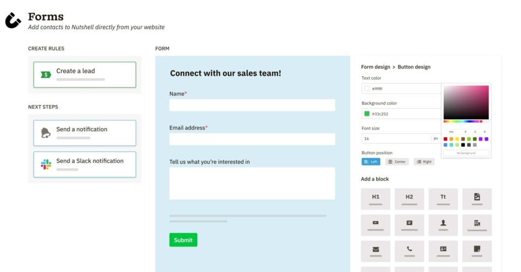 Nutshell contact form example design screenshot