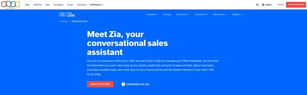 Zoho AI CRM website page