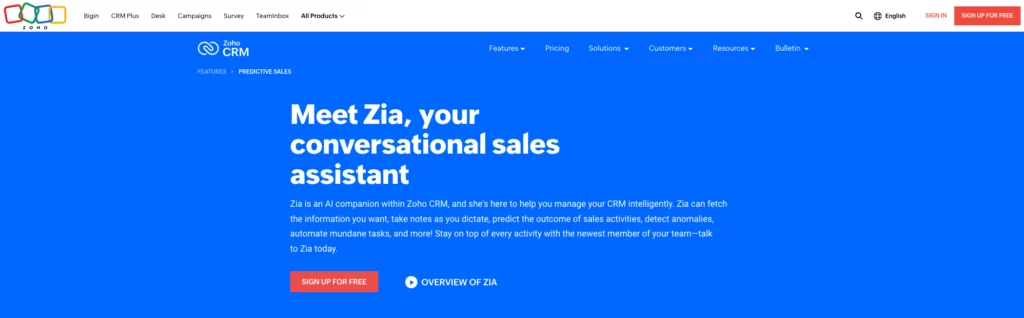 Zoho AI Zia website page