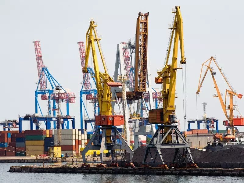 many cranes in a harbor