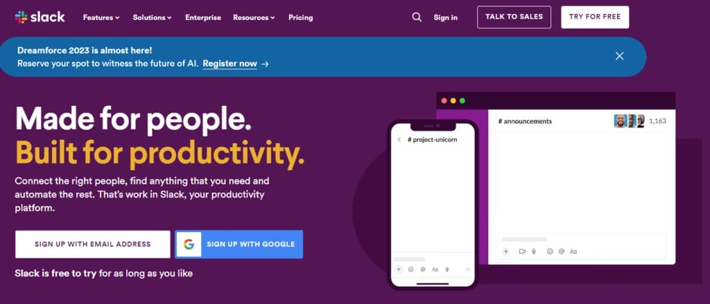 Slack homepage communication software for IT companies