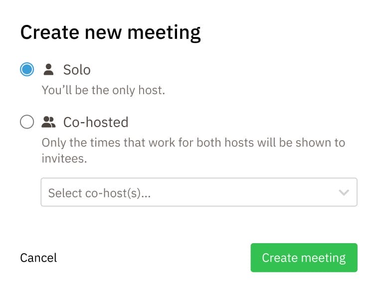 Skapa mötesdialog i Scheduler med alternativ för solo och co-hosting