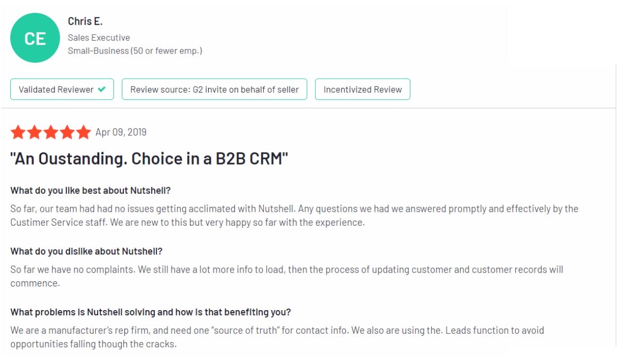 Nutshell Chris e.:n arvostelu, jonka mukaan se on erinomainen valinta b2b-CRM:ään.