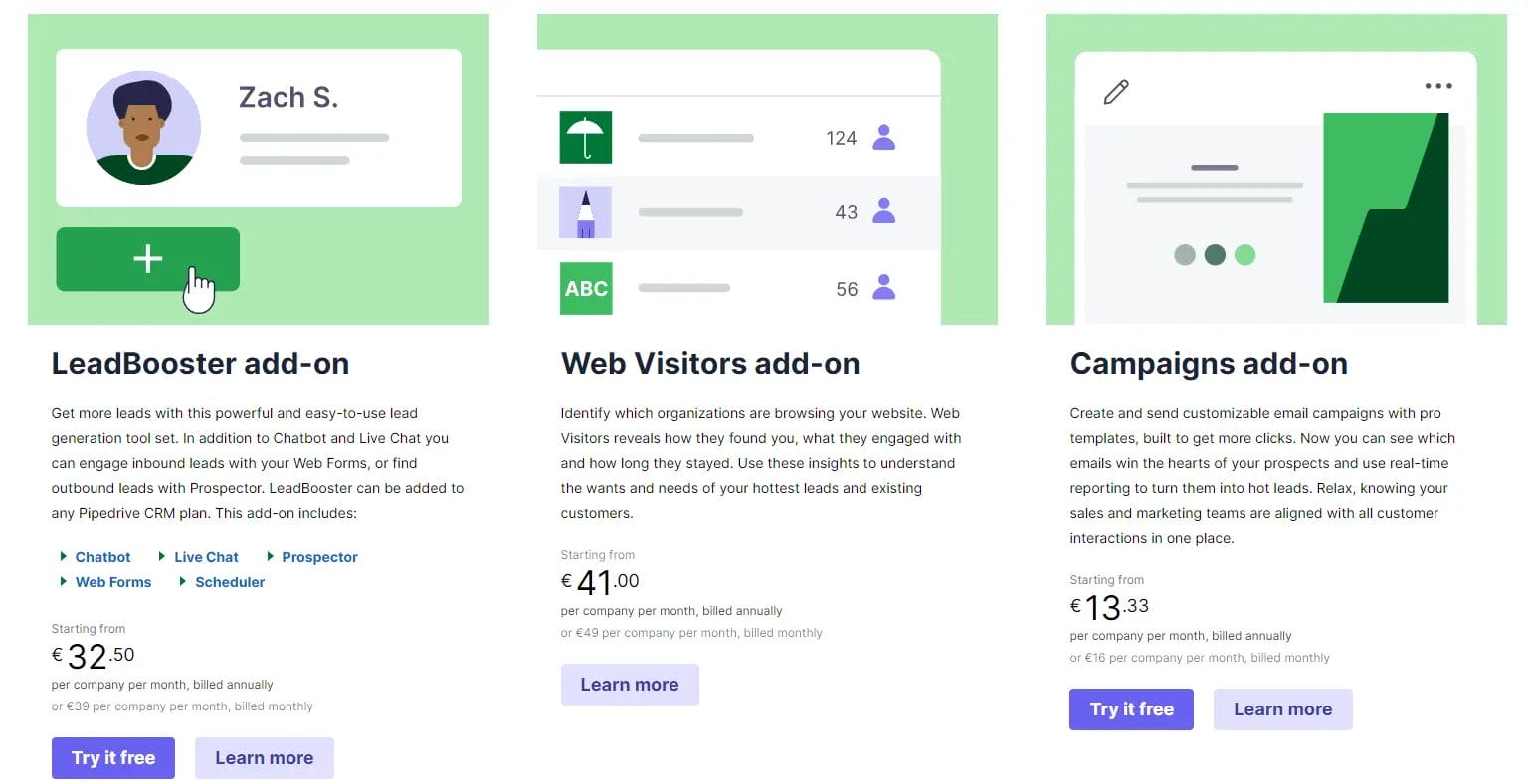 een screenshot van Pipedrive add-ons: LeadBooster add-on webbezoekers add-on en Campaigns add-on
