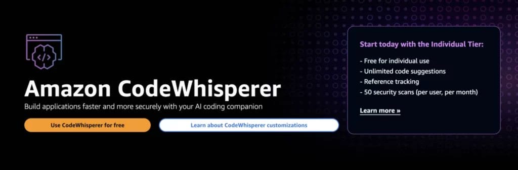 a banner for amazon codewhisperer that says