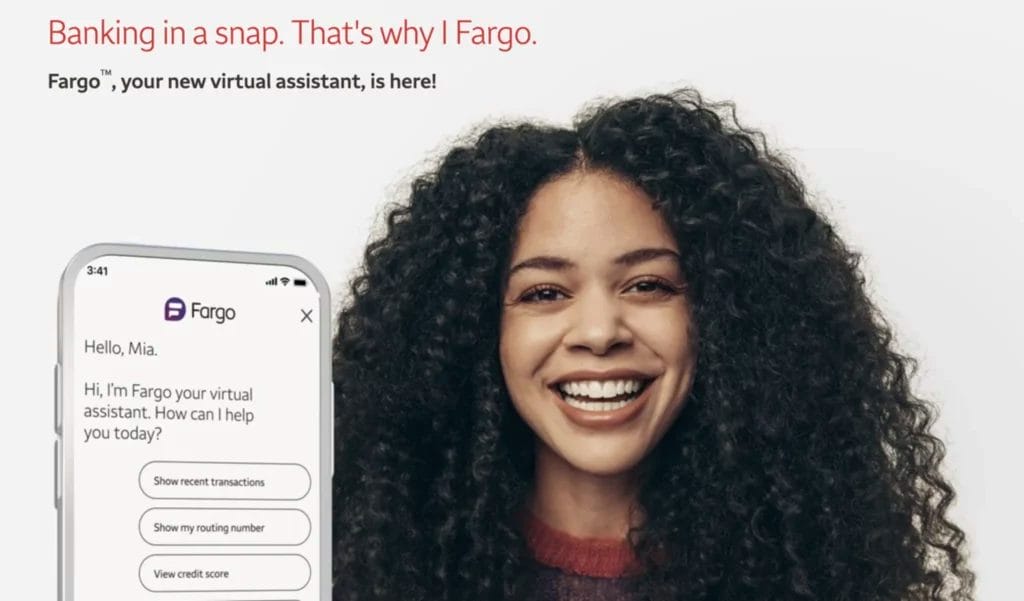 a woman with curly hair is smiling next to an add for Fargo