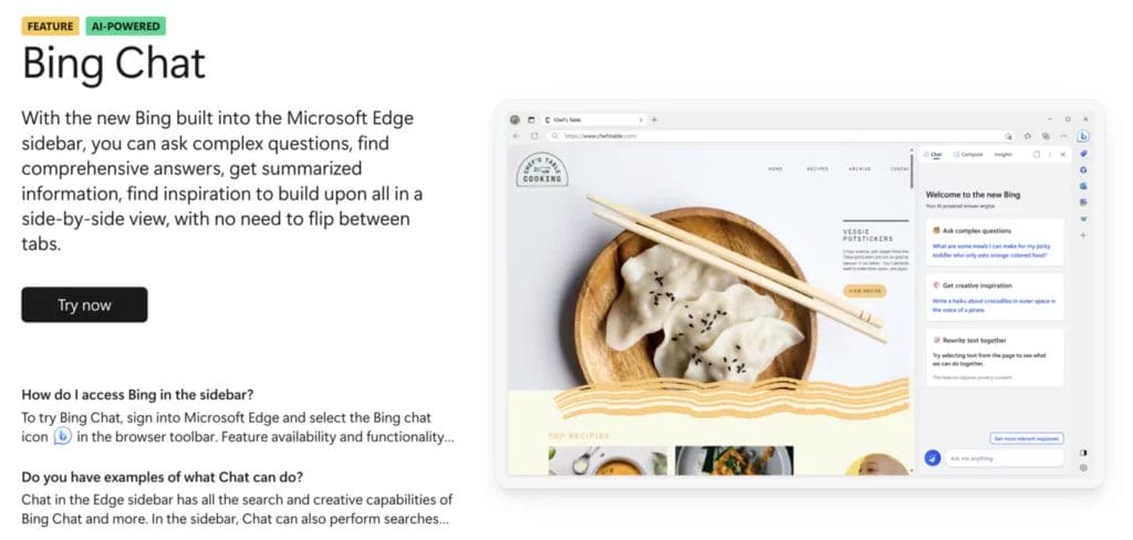 a screenshot of the bing chat website