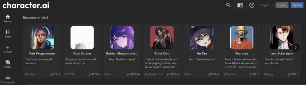 a screenshot of a website called character.ai