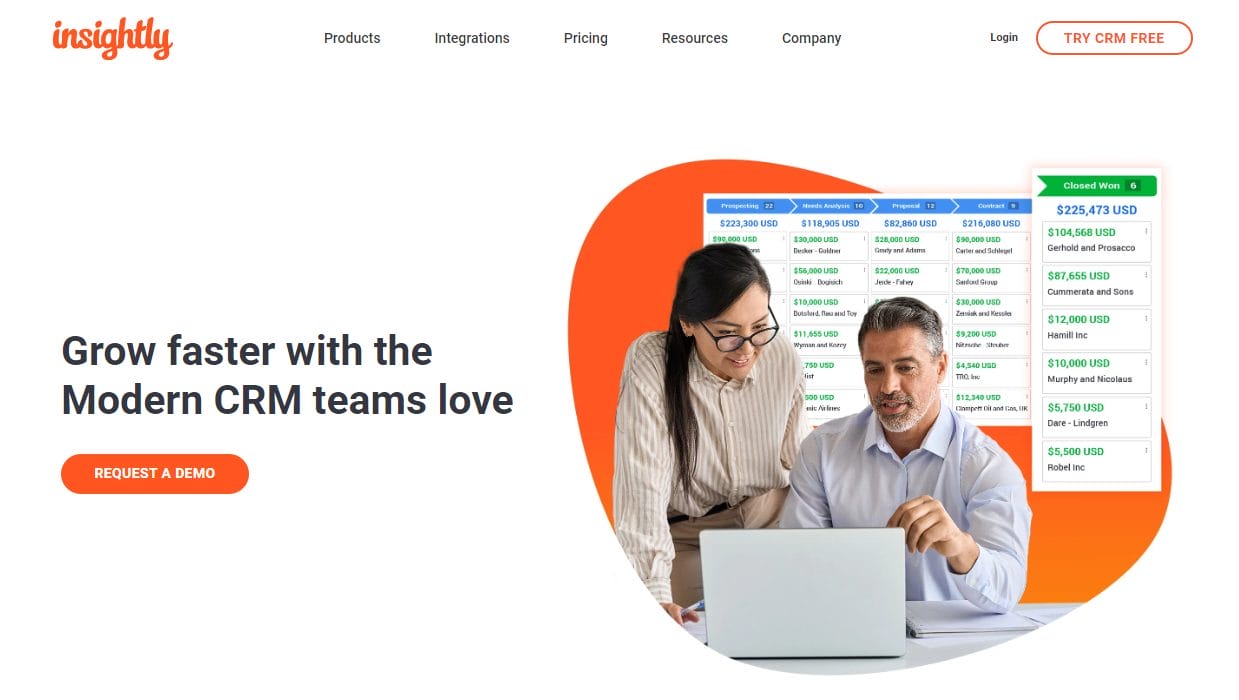 een landingspagina voor Insightly met de woorden grow faster with the modern CRM teams love