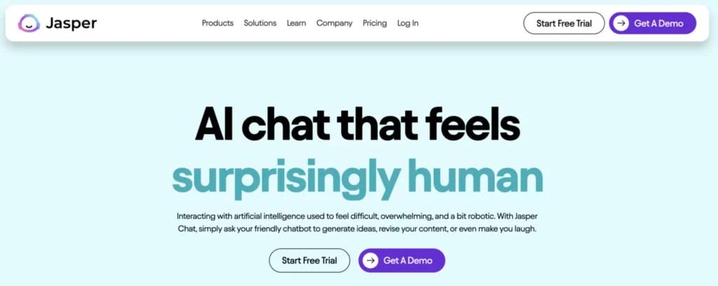 a screenshot of the Jasper website that says AI chat that feels surprisingly human