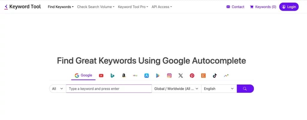 Screenshot of KeywordTool.io keyword research tool