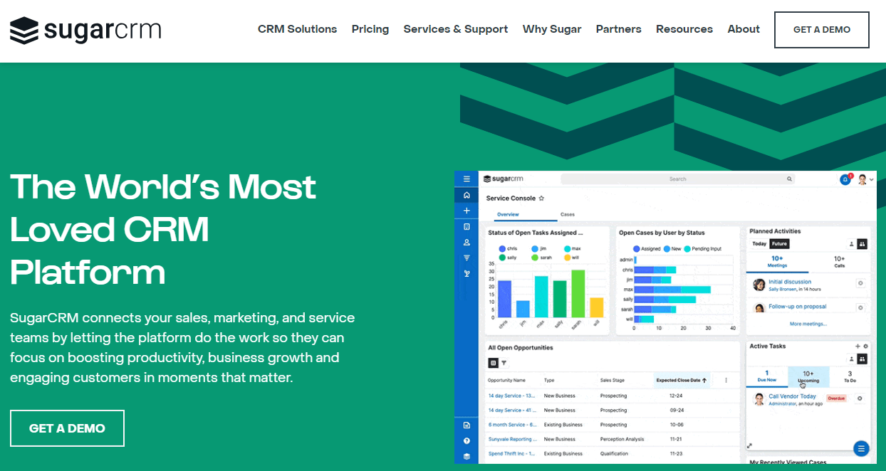 en SugarCRM-hjemmeside med ordene verdens mest elskede CRM-platform