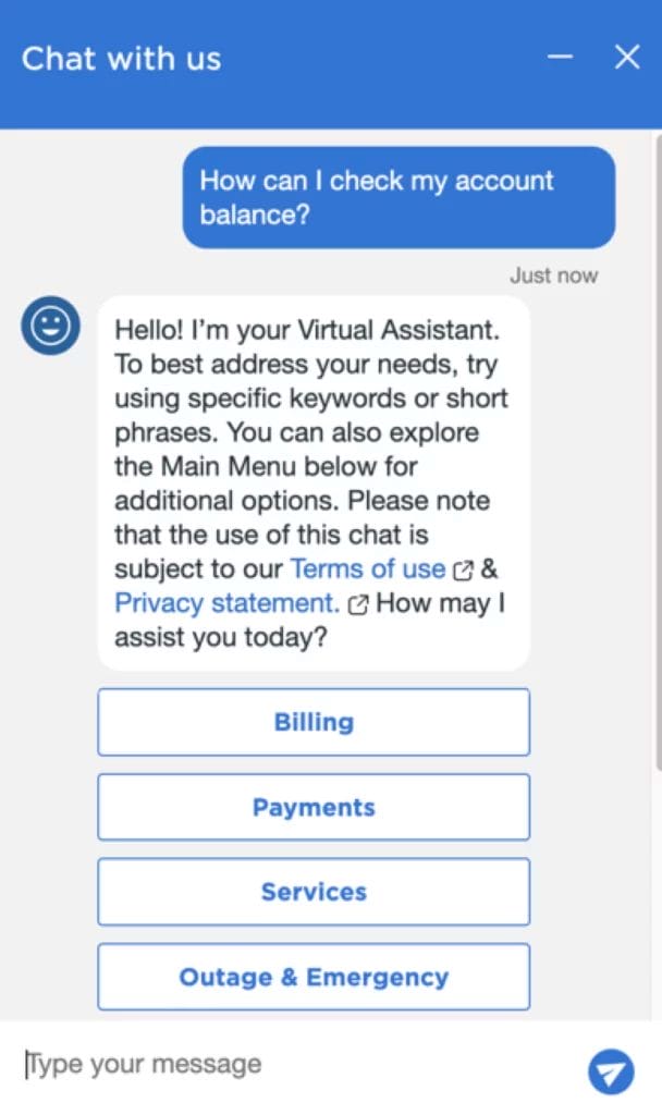 a chat with a virtual assistant asking how can i check my account balance