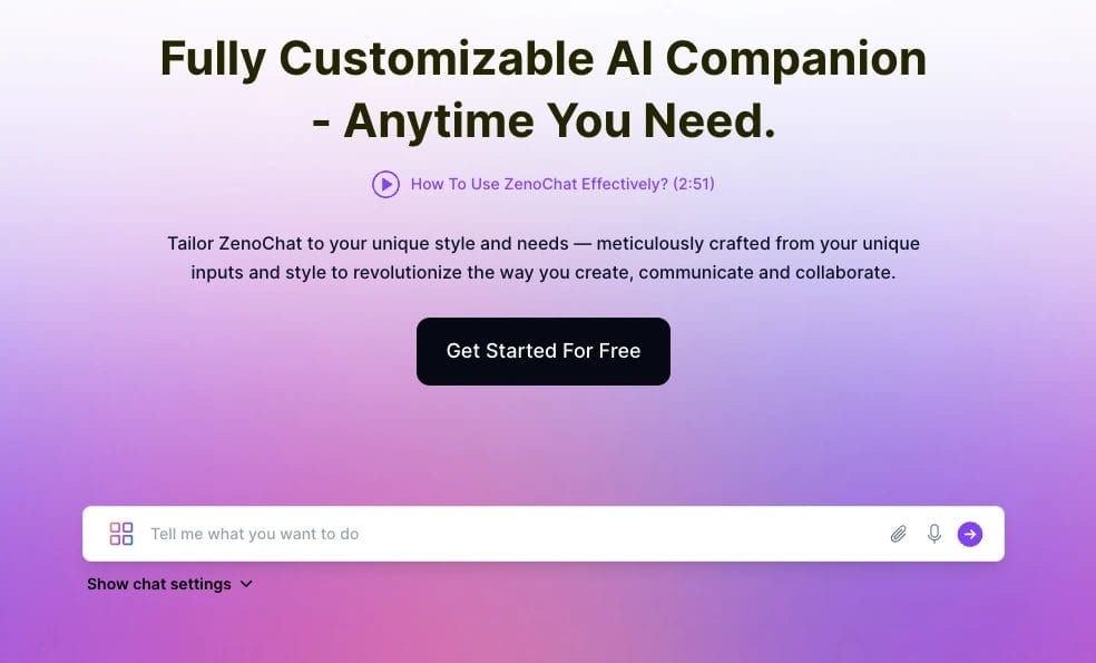 homepage for ZenoChat AI chatbot