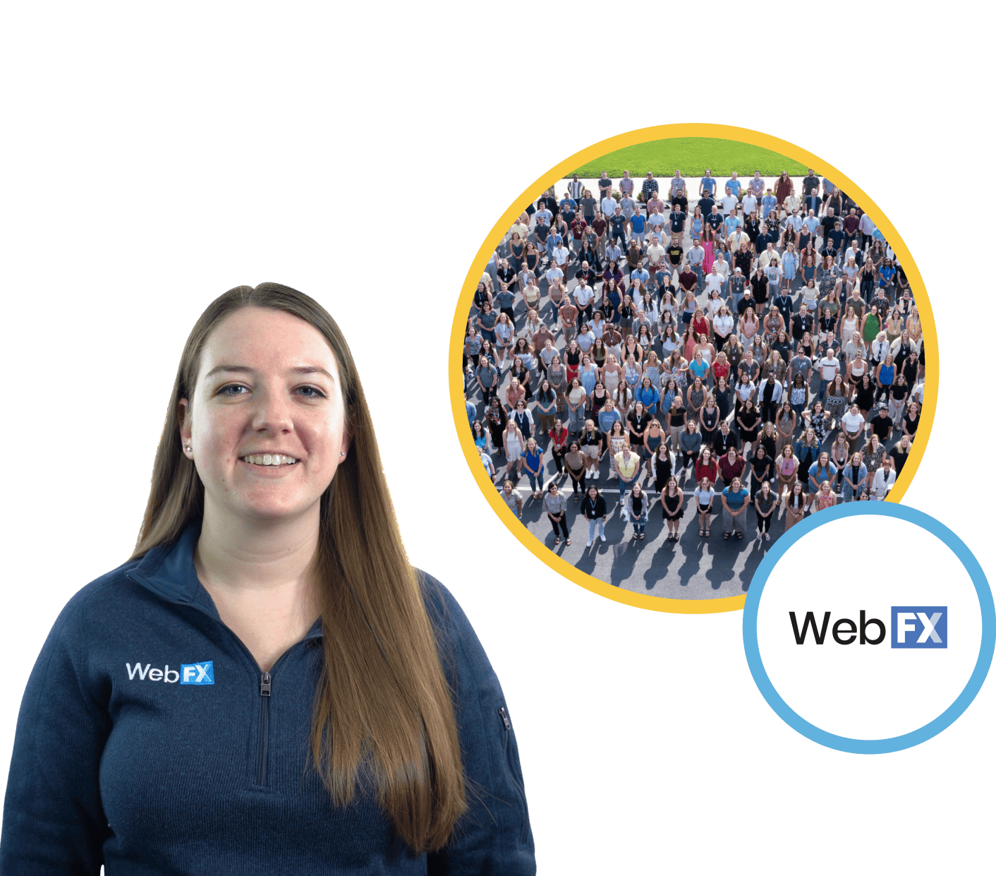 Image showing a WebFX marketing expert to the left and an aerial shot of some of the WebFX team to the right