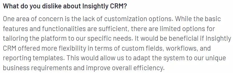 klantenreview over wat ze niet goed vinden aan Insightly CRM