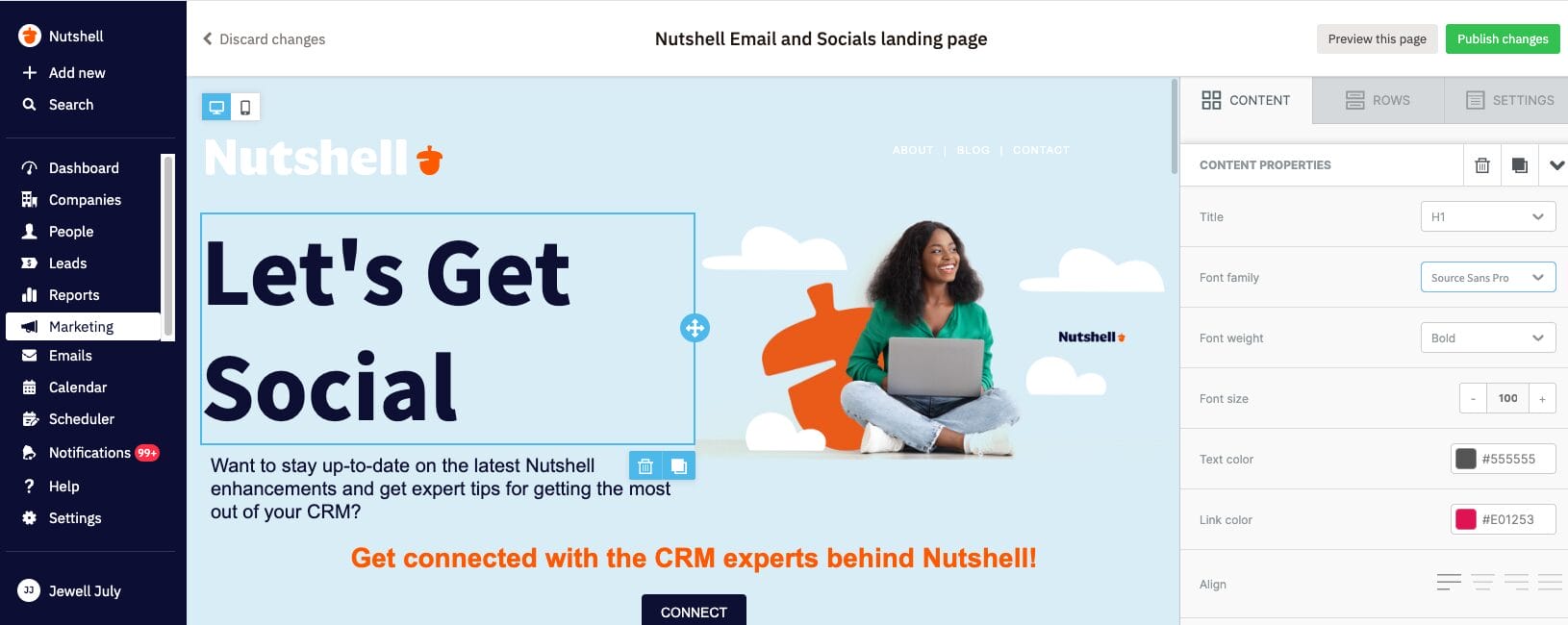 a landing page builder on the Nutshell dashboard