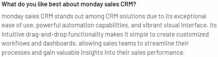 asiakkaan tekstiviesti, jossa hän kertoo, mistä hän pitää Monday CRM:ssä.