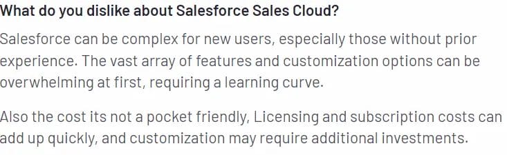 Kundens anmeldelse som forteller hva de misliker med Salesforce sales cloud