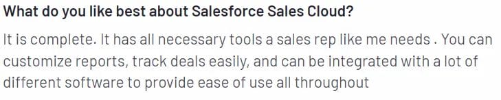 kundens tekstsvar om hva de liker med Salesforce Sales Cloud
