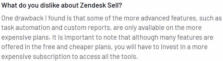 feedback från kunder som berättar vad de ogillar med Zendesk Sell