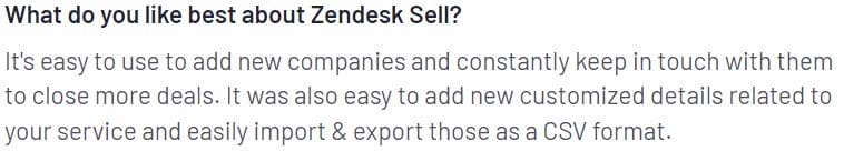 kundens textsvar om vad de ogillar med Zendesk Sell