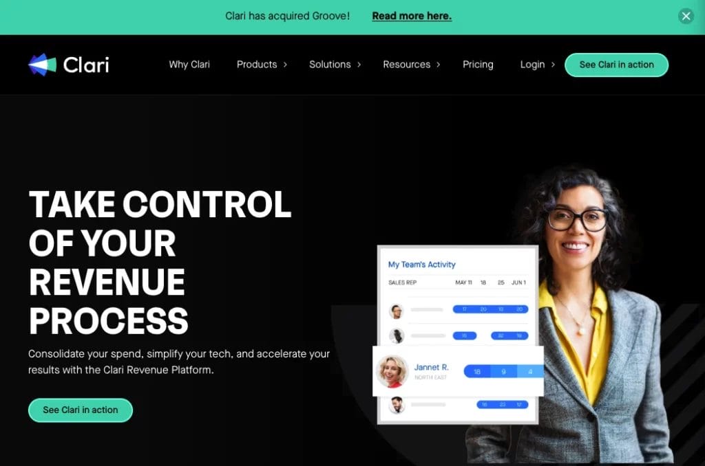 a screenshot of the Clari website that says take control of your revenue Process