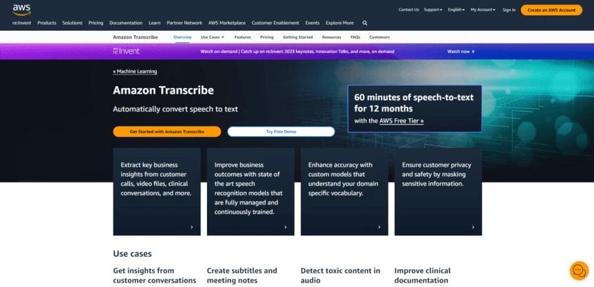 A screenshot of Amazon Transcribe one of the best voice-to-text software tools