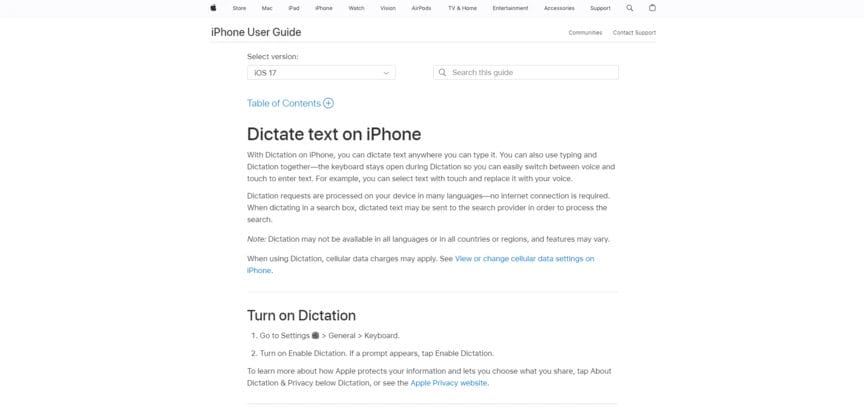 Screenshot of Apple Dictation as another option for one of the good speech-to-text apps