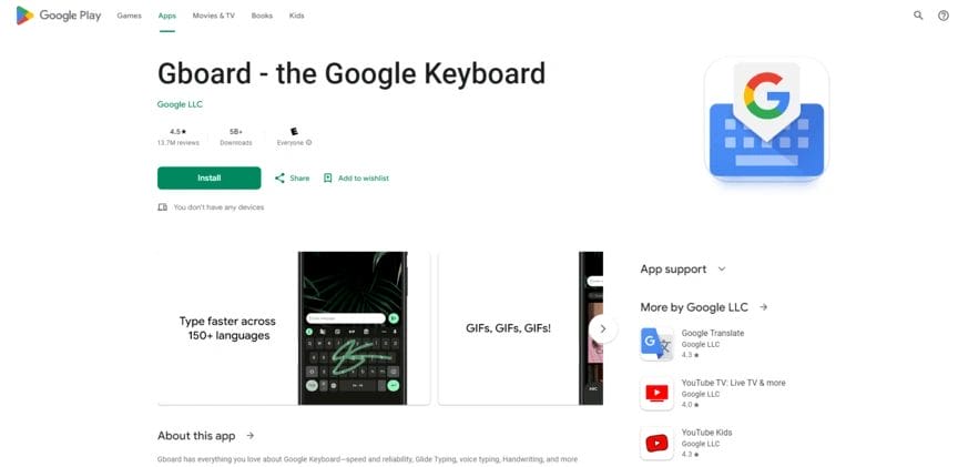 A screenshot of Gboard, one of the best talk-to-text software tools