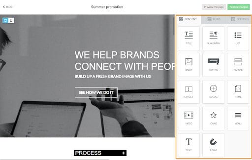 Screenshot of the Nutshell Landing Pages builder tools