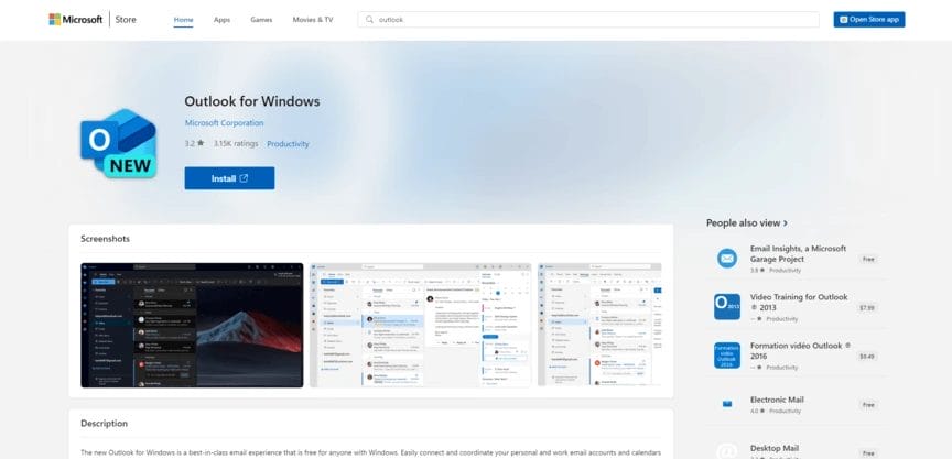 outlook for windows application page on microsoft store