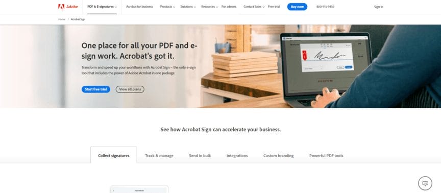 Acrobat Sign electronic signature app homepage
