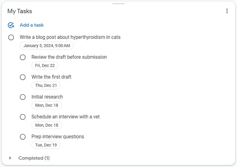 Google online calendar app tasks screenshot