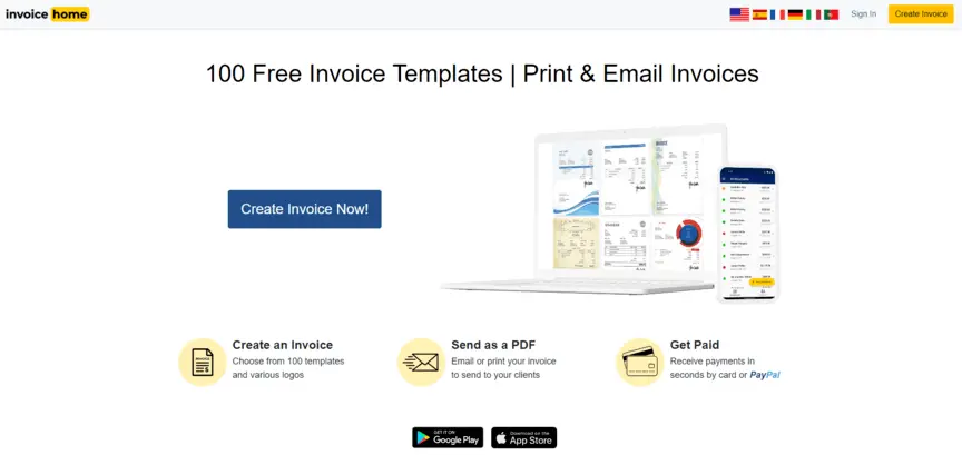 Invoice Home free invoicing app homepage