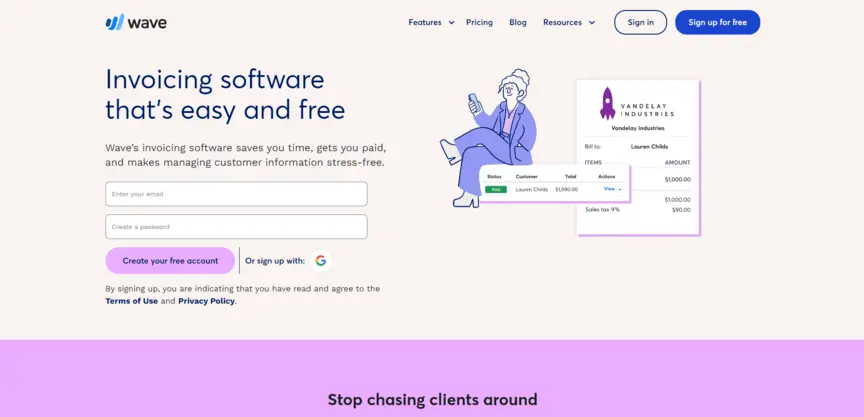 Wave free invoicing app homepage