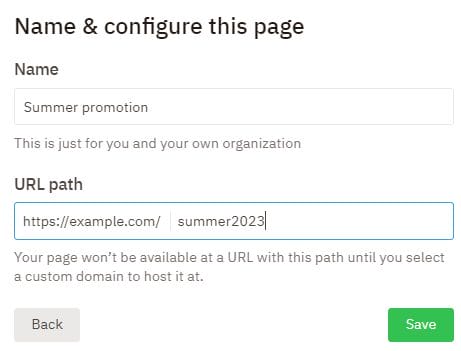 Screenshot of the Nutshell Landing Pages name and configuration settings dialogue box