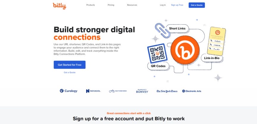 a landing page for bitly that says build stronger digital connections