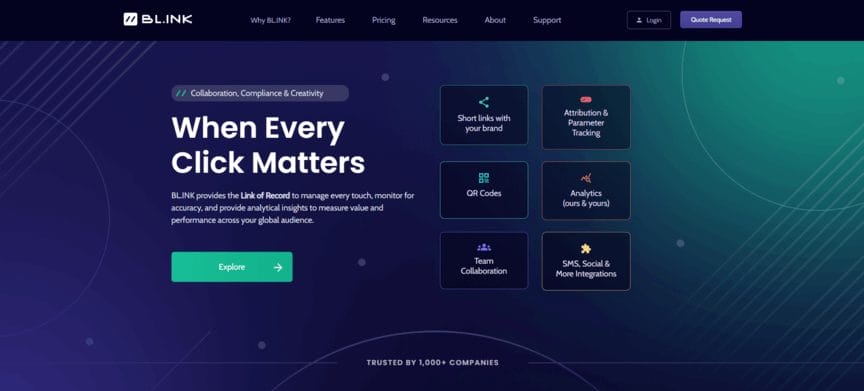 a homepage for Blink is displayed on a purple background