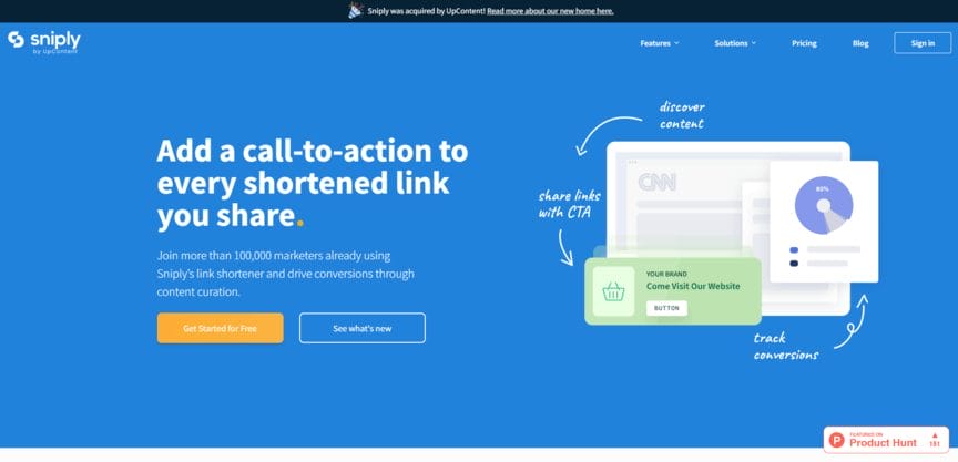 a screenshot of a website called sniply that says add a call-to-action to every shortened link you share